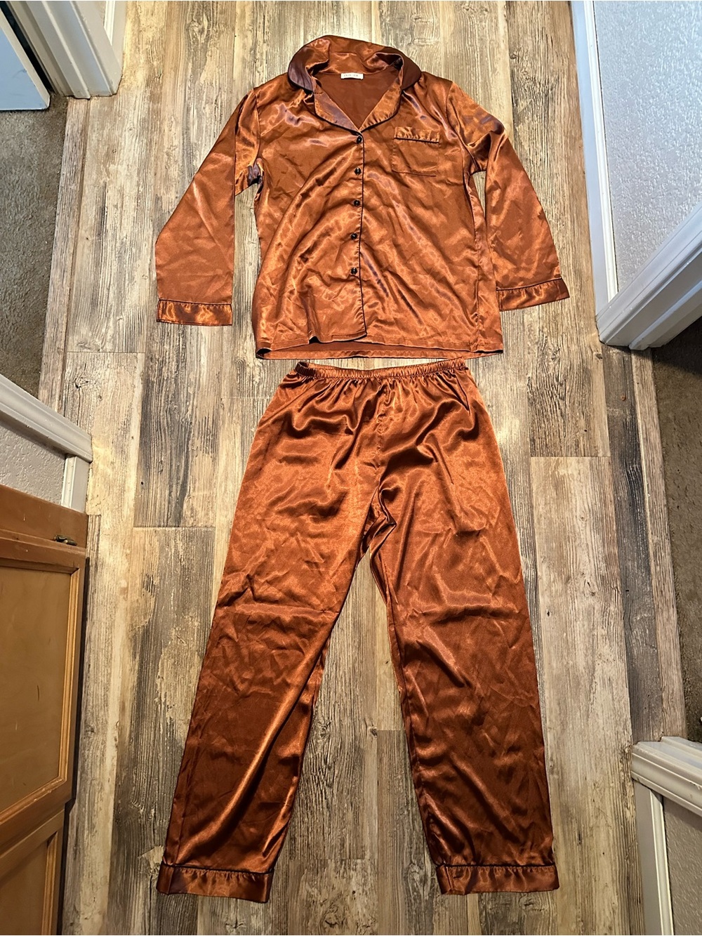 Woman’s Satin Pajama Set in Copper Brown - Classic Button-Up